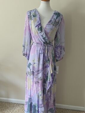 Bleecker 126 Floral Lavender Wrap Maxi Dress with Ruffle Detail Brand New